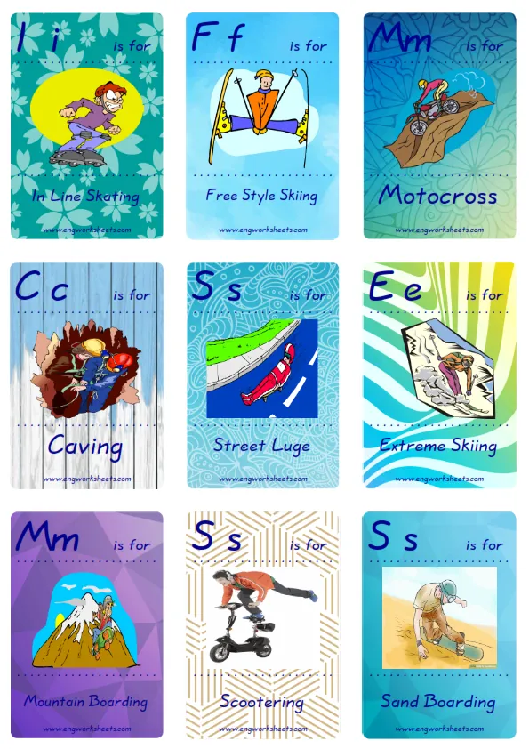Mini size ESL Flashcard Extreme Sports Land for kids and teachers.
