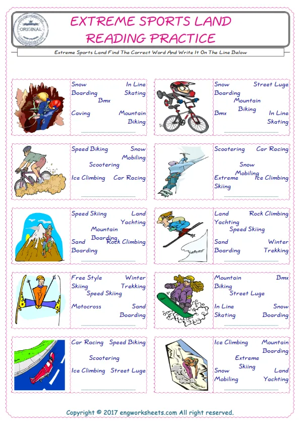 Check the picture of the Extreme Sports Land for kids ESL worksheet for supplying the correct one among five words into the blank place.