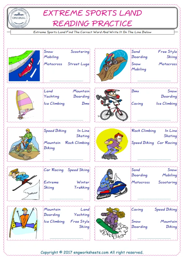 Check the picture of the Extreme Sports Land for kids ESL worksheet for supplying the correct one among three words into the blank place.