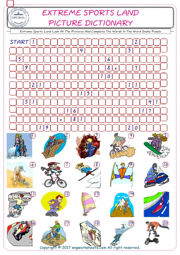 Check the Illustrations of Extreme Sports Land english worksheets for kids, and Supply the Missing Words in the Word Snake Puzzle ESL play.
