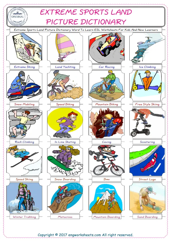 Extreme Sports Land English Worksheet for Kids ESL Printable Picture Dictionary