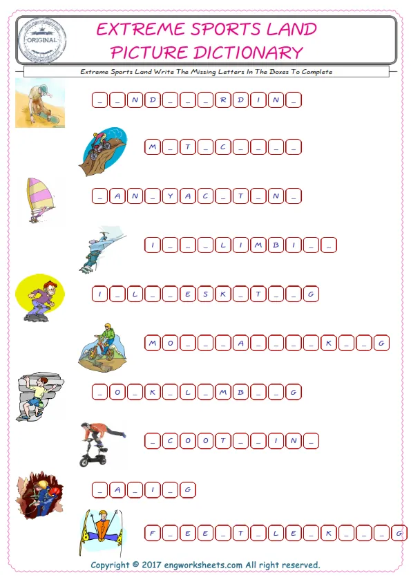 Type in the blank and learn the missing letters in the Extreme Sports Land words given for kids English worksheet.