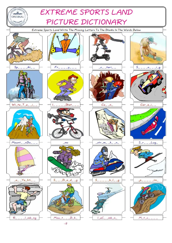 Extreme Sports Land Words English worksheets For kids, the ESL Worksheet for finding and typing the missing letters of Extreme Sports Land Words