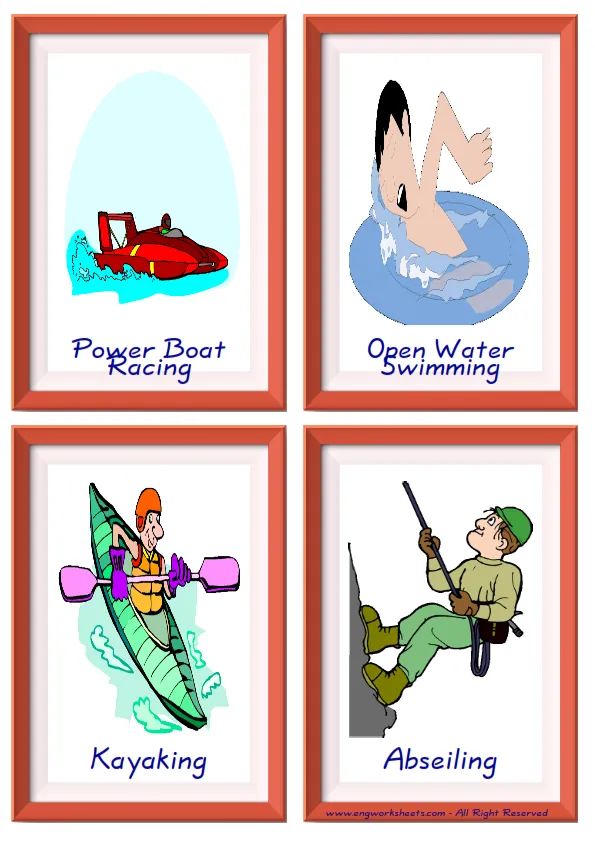 Quarter page ESL Flashcard together with words containing Extreme Sports Water-Air picture for kids and teachers.