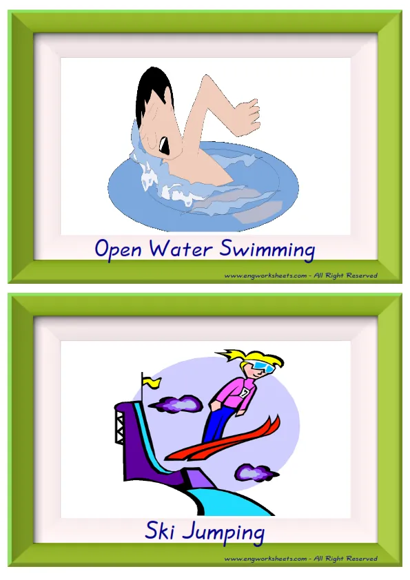 Half page ESL Flashcard together with words containing Extreme Sports Water-Air picture for kids and teachers.