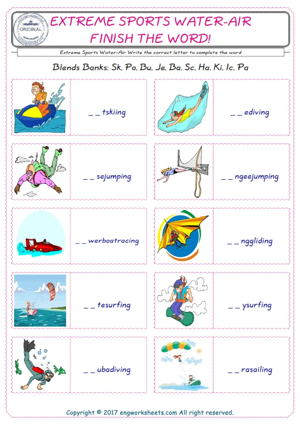 For kids, the Extreme Sports Water-Air English worksheet for supplying into the correct blank place given letters special to the Extreme Sports Water-Air Words.