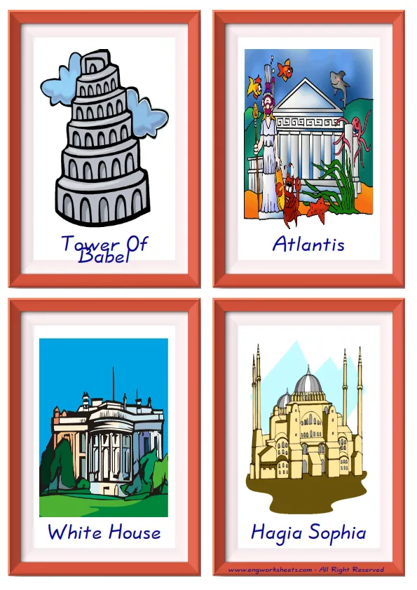 Quarter page ESL Flashcard together with words containing Famous Architecture picture for kids and teachers.