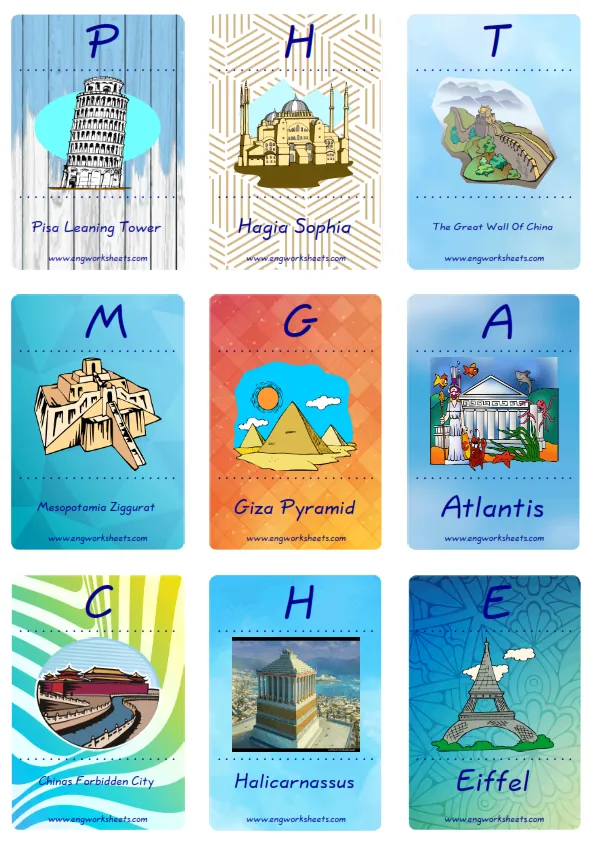 Mini size enjoyable ESL Flashcard Famous Architecture for kids and teachers.