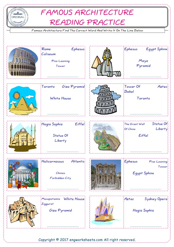 Check the picture of the Famous Architecture for kids ESL worksheet for supplying the correct one among four words into the blank place.