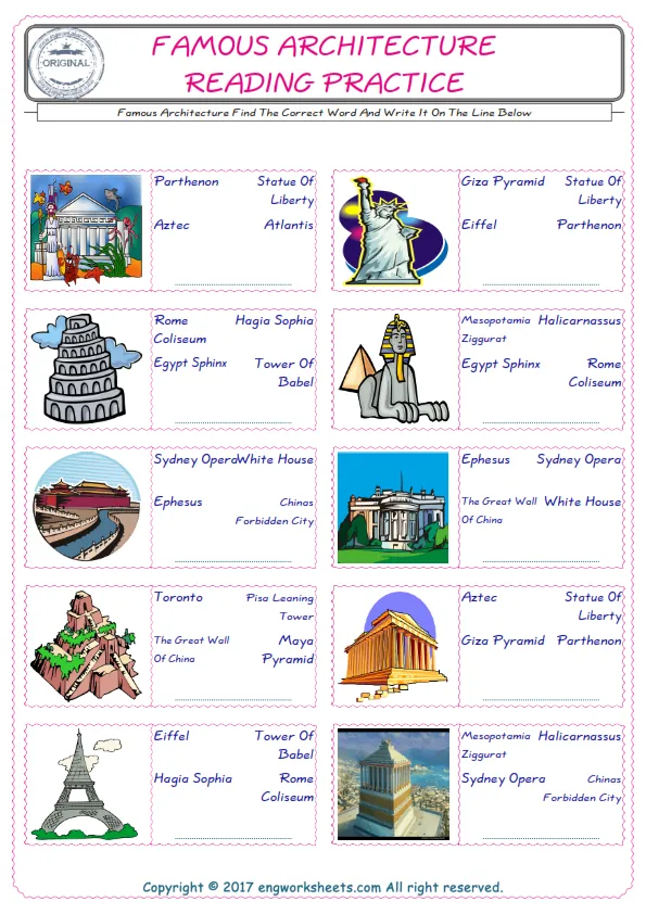 Check the picture of the Famous Architecture for kids ESL worksheet for supplying the correct one among three words into the blank place.