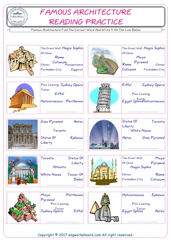 Check the picture of the Famous Architecture for kids ESL worksheet for supplying the correct one among five words into the blank place.