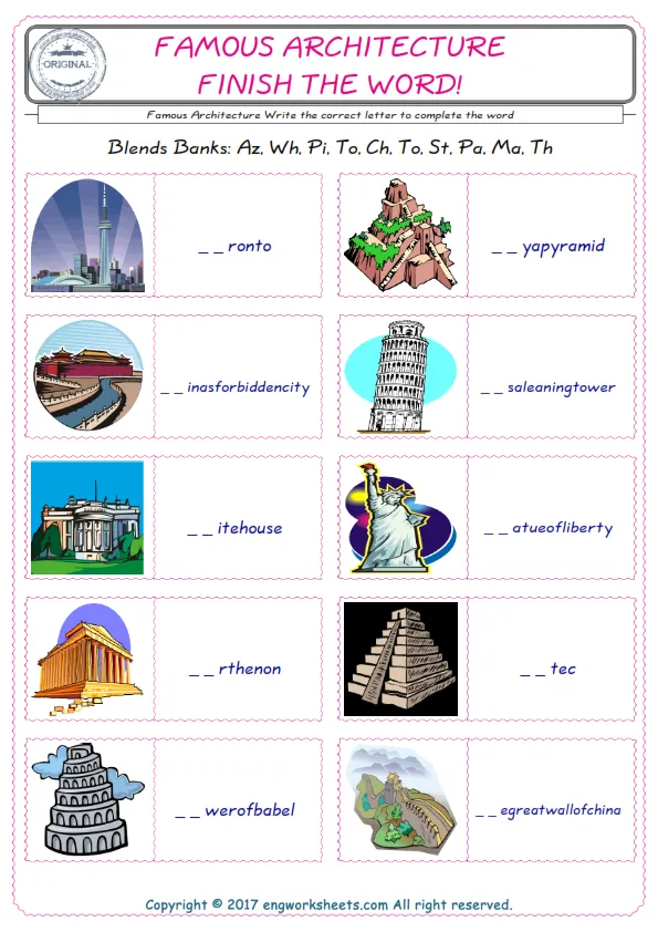 For kids, the Famous Architecture English worksheet for supplying into the correct blank place given letters special to the Famous Architecture Words.