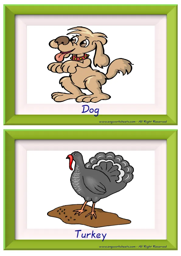 Half page ESL Flashcard together with words containing Farm Animals picture for kids and teachers.