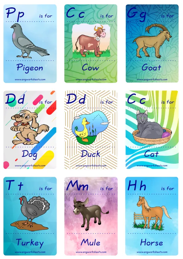 Mini size ESL Flashcard Farm Animals for kids and teachers.