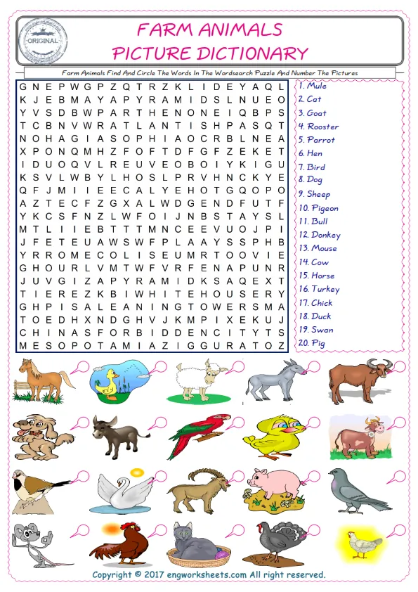 ESL wordsearch worksheets for kids, find Farm Animals words in the word wordsearch write its number on its picture English worksheet.