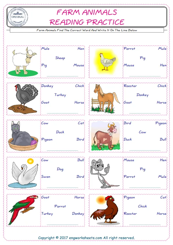 Check the picture of the Farm Animals for kids ESL worksheet for supplying the correct one among five words into the blank place.
