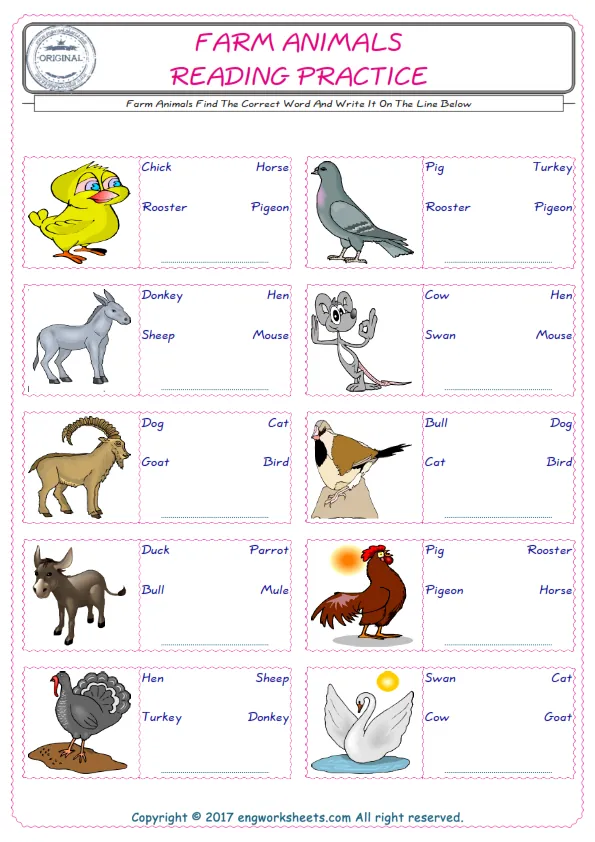 Check the picture of the Farm Animals for kids ESL worksheet for supplying the correct one among three words into the blank place.