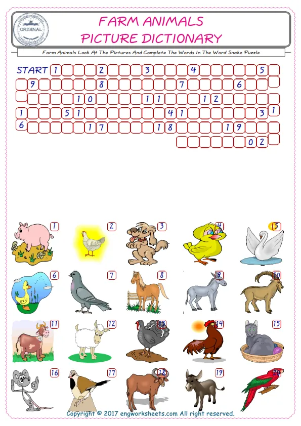 Check the Illustrations of Farm Animals english worksheets for kids, and Supply the Missing Words in the Word Snake Puzzle ESL play.