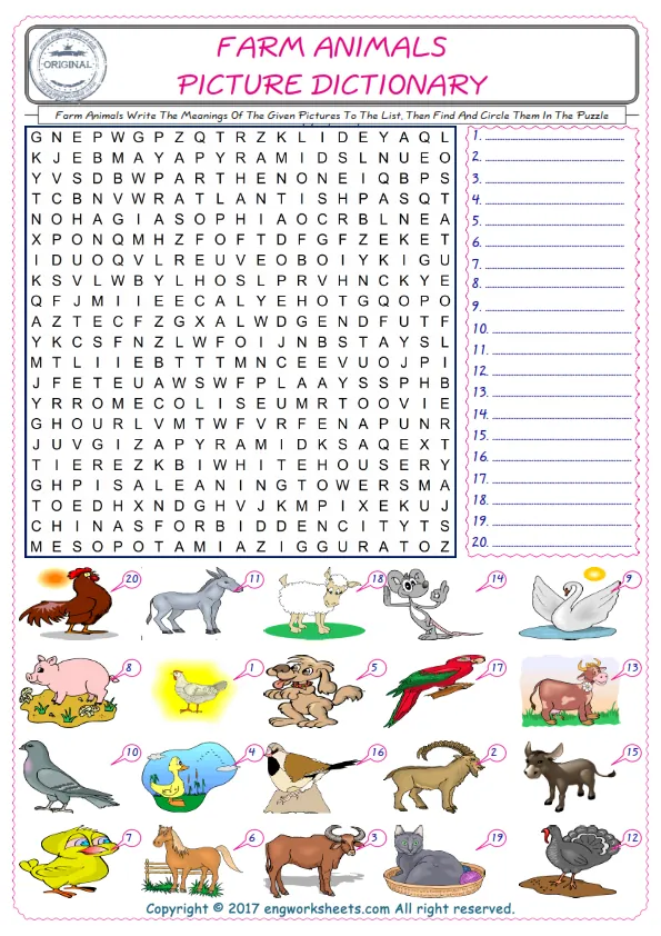 For kids, check the picture of Farm Animals find, and write the word and find it in the word puzzle ESL printable worksheet.