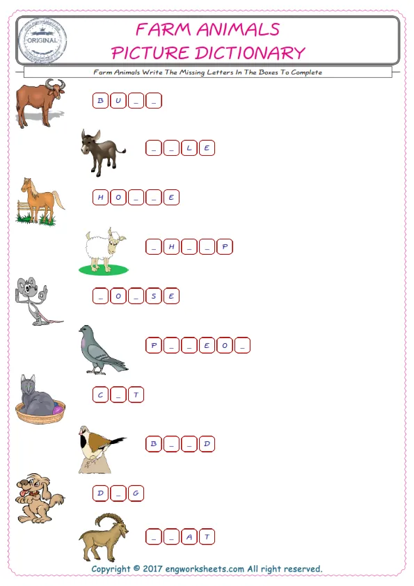 Type in the blank and learn the missing letters in the Farm Animals words given for kids English worksheet.