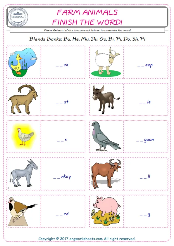 For kids, the Farm Animals English worksheet for supplying into the correct blank place given letters special to the Farm Animals Words.