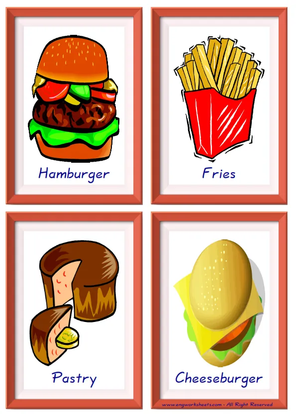 Quarter page ESL Flashcard together with words containing Fast Food picture for kids and teachers.
