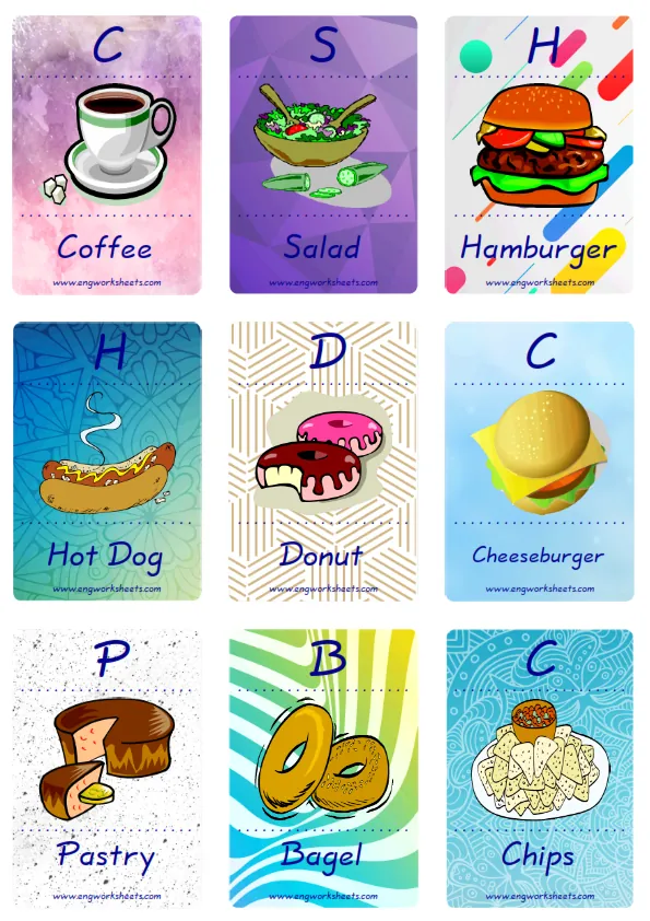 Mini size enjoyable ESL Flashcard Fast Food for kids and teachers.