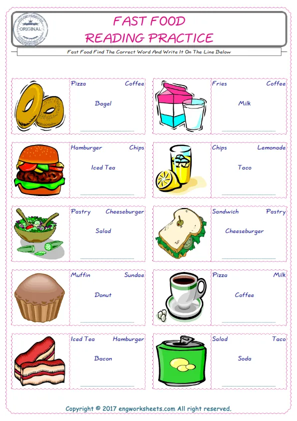 Check the picture of the Fast Food for kids ESL worksheet for supplying the correct one among four words into the blank place.
