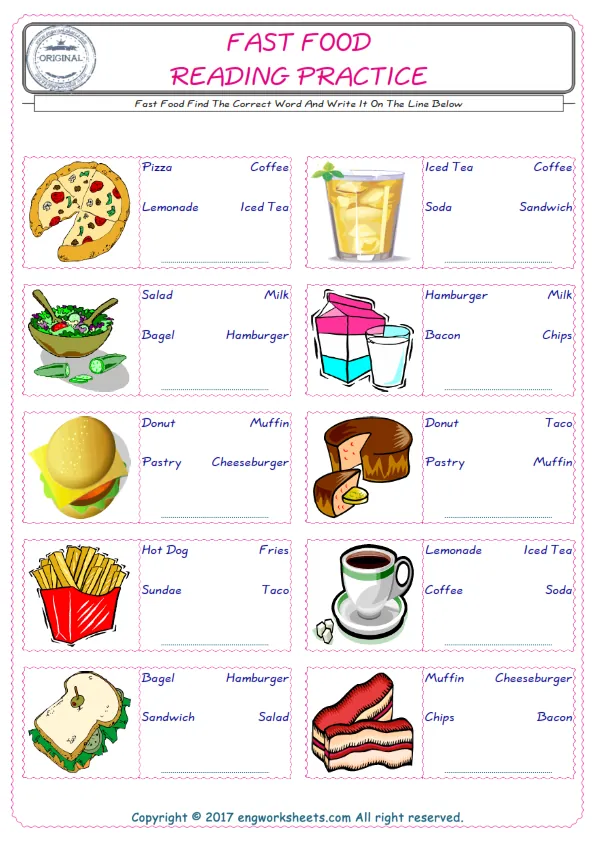 Check the picture of the Fast Food for kids ESL worksheet for supplying the correct one among three words into the blank place.