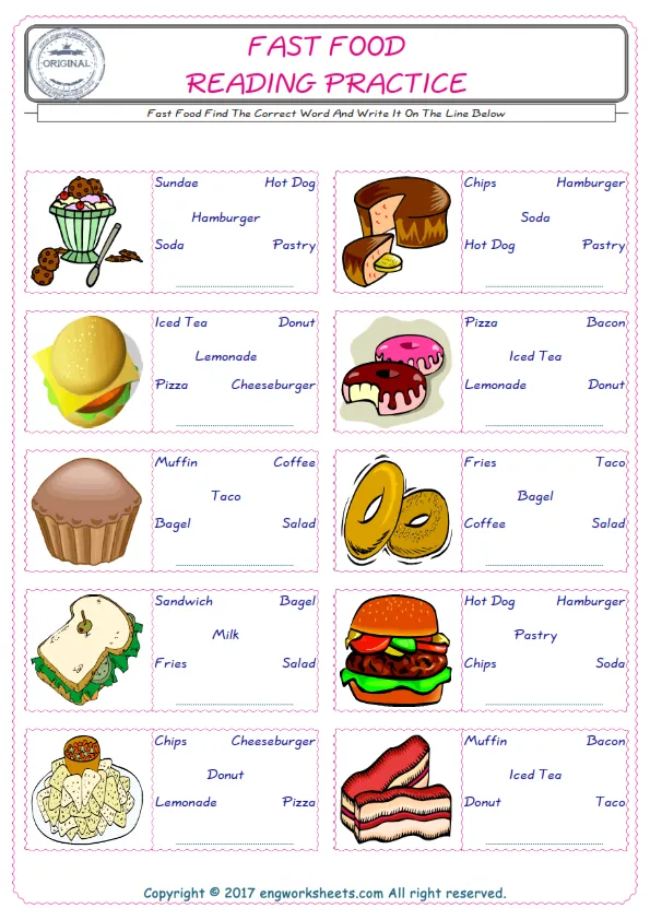 Check the picture of the Fast Food for kids ESL worksheet for supplying the correct one among five words into the blank place.