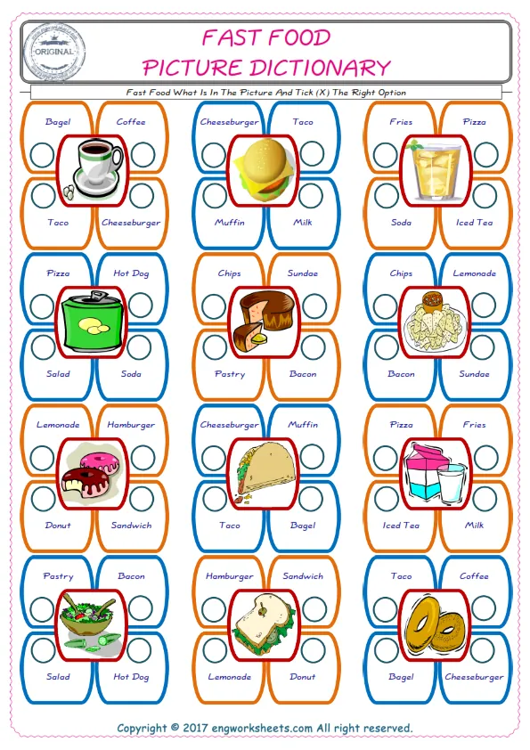check the picture, mark the correct option amongst the given Fast Food words English worksheet for kids
