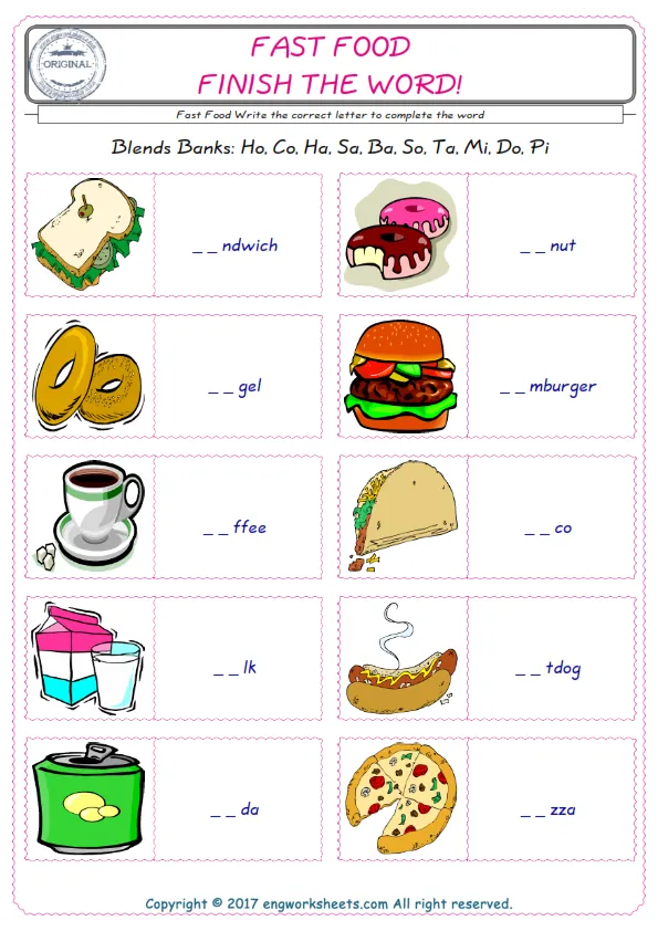 For kids, the Fast Food English worksheet for supplying into the correct blank place given letters special to the Fast Food Words.