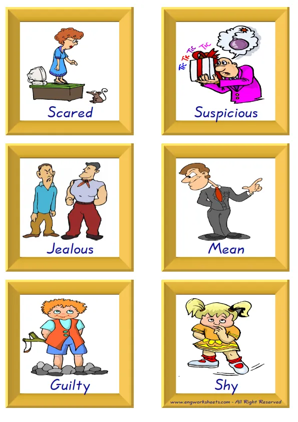 ESL Flashcard together with words containing Feelings Emotions picture for kids and teachers.