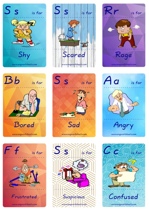 Mini size ESL Flashcard Feelings Emotions for kids and teachers.