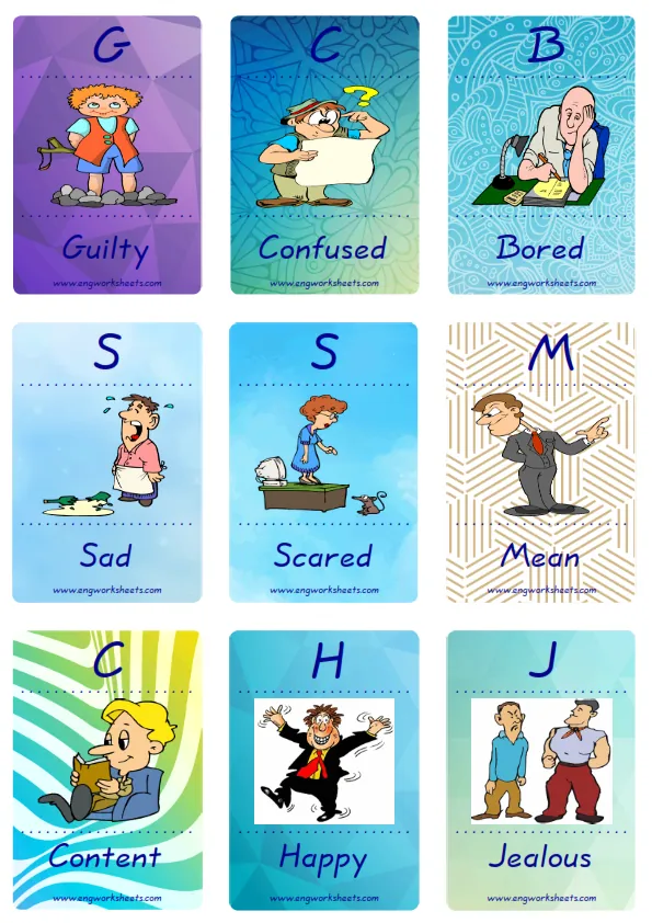 Mini size enjoyable ESL Flashcard Feelings Emotions for kids and teachers.