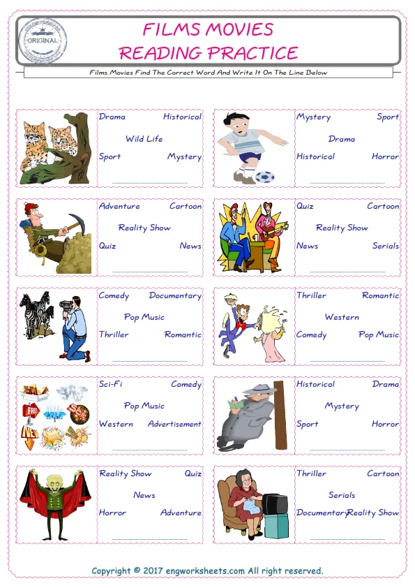 Check the picture of the Films Movies for kids ESL worksheet for supplying the correct one among five words into the blank place.