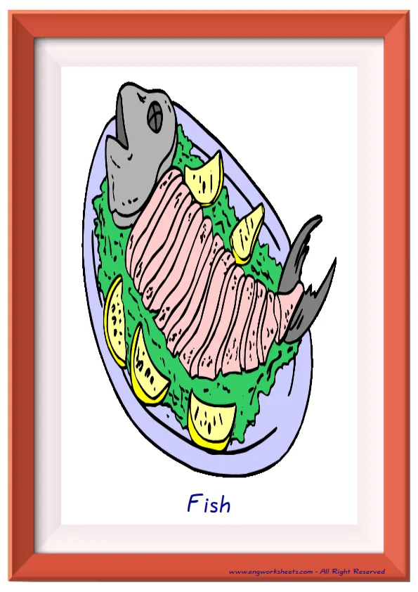 Full page ESL Flashcard together with words containing Food In The Restaurant picture for kids and teachers.