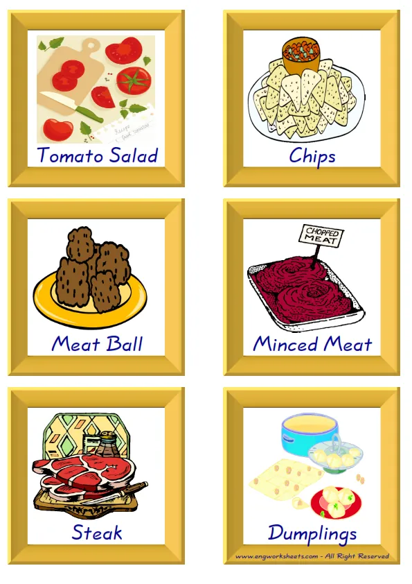 ESL Flashcard together with words containing Food In The Restaurant picture for kids and teachers.