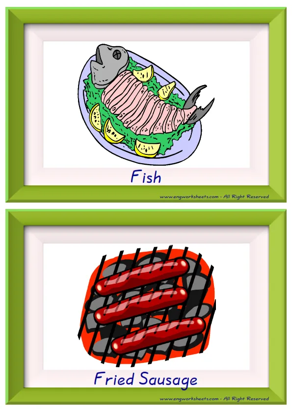 Half page ESL Flashcard together with words containing Food In The Restaurant picture for kids and teachers.