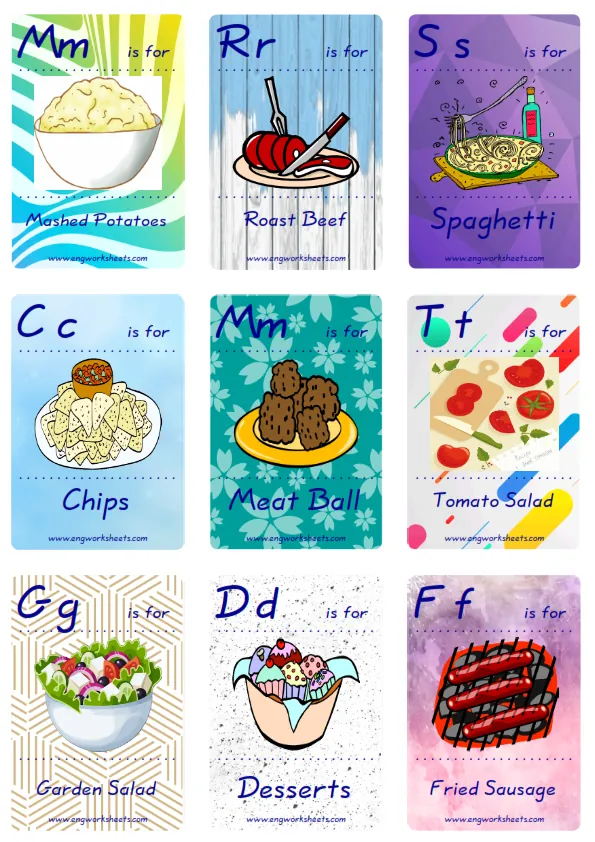 Mini size ESL Flashcard Food In The Restaurant for kids and teachers.