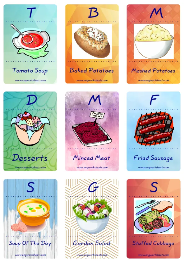 Mini size enjoyable ESL Flashcard Food In The Restaurant for kids and teachers.