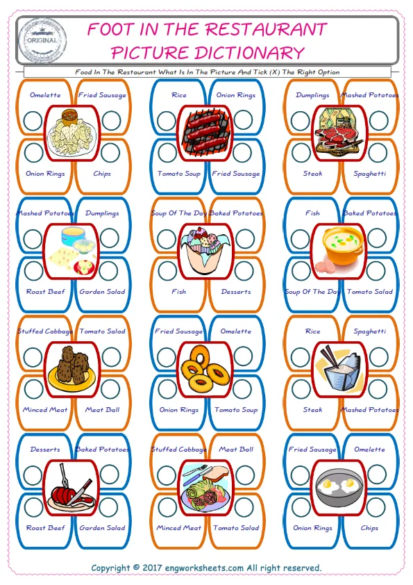check the picture, mark the correct option amongst the given Food In The Restaurant words English worksheet for kids