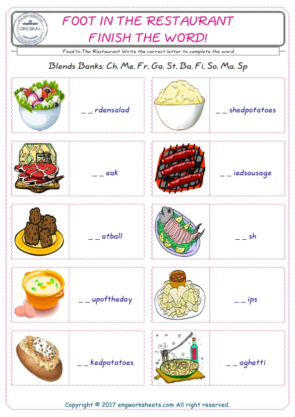For kids, the Food In The Restaurant English worksheet for supplying into the correct blank place given letters special to the Food In The Restaurant Words.