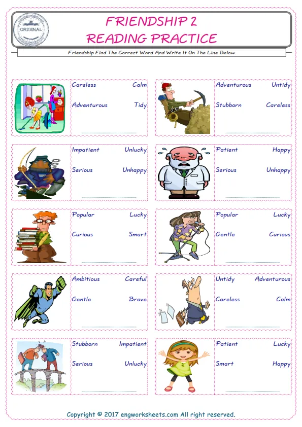 Check the picture of the Friendship for kids ESL worksheet for supplying the correct one among three words into the blank place.