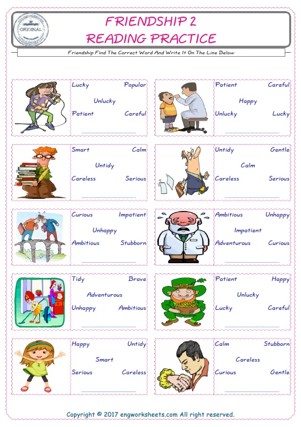 Check the picture of the Friendship for kids ESL worksheet for supplying the correct one among five words into the blank place.