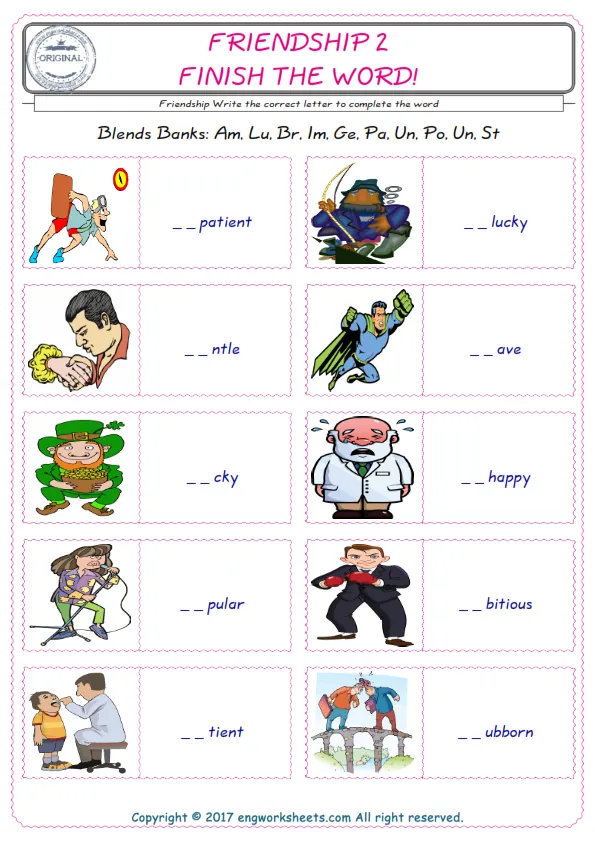 For kids, the Friendship English worksheet for supplying into the correct blank place given letters special to the Friendship Words.