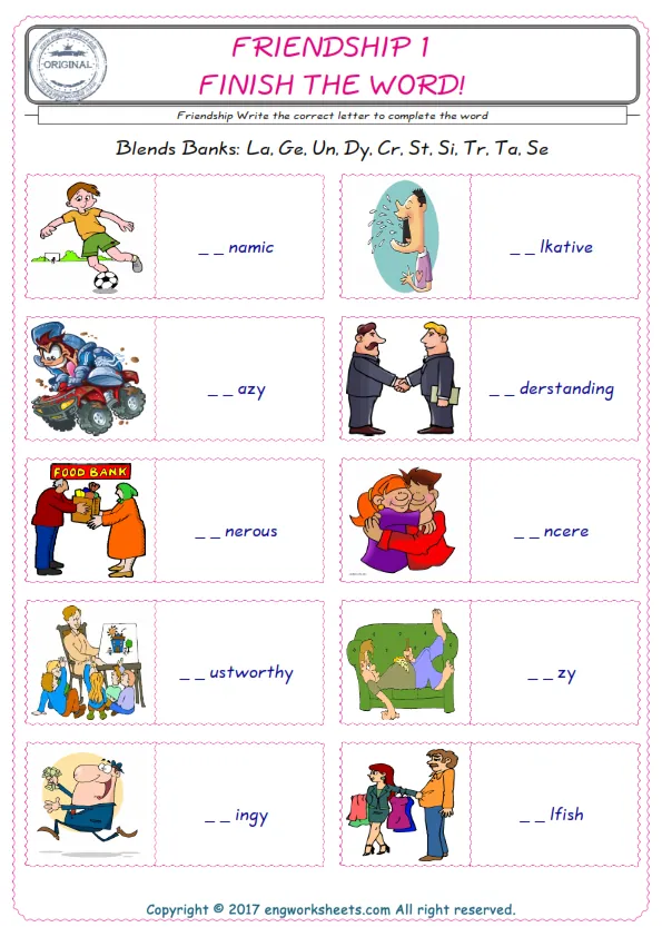 For kids, the Friendship English worksheet for supplying into the correct blank place given letters special to the Friendship Words.