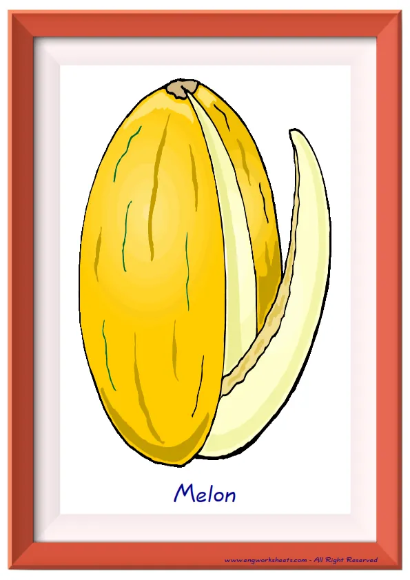 Full page ESL Flashcard together with words containing Fruits picture for kids and teachers.