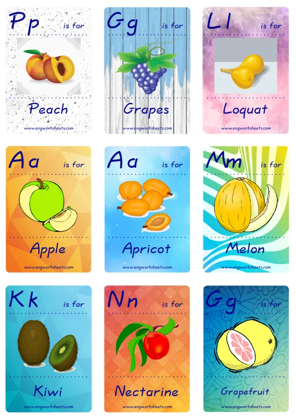 Mini size ESL Flashcard Fruits for kids and teachers.