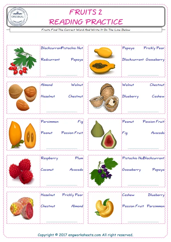 Check the picture of the Fruits for kids ESL worksheet for supplying the correct one among three words into the blank place.